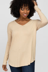 Beige Brushed V-Neck Long Sleeve Maternity Top