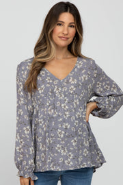 Grey Floral Long Sleeve Babydoll Maternity Top