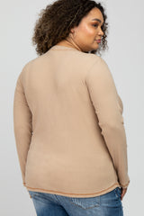 Beige Ribbed Top Stitch Long Sleeve Plus Maternity Top