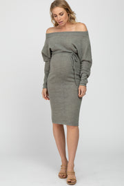 Olive Brushed Knit Off Shoulder Maternity Dress