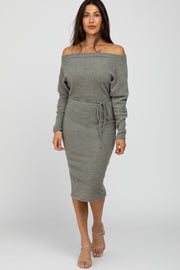 Olive Brushed Knit Off Shoulder Dress