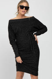 Black Brushed Knit Off Shoulder Maternity Dress