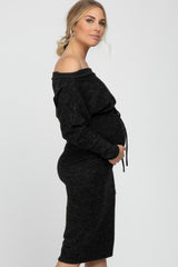 Black Brushed Knit Off Shoulder Maternity Dress