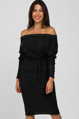 Black Brushed Knit Off Shoulder Dress