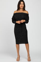 Black Brushed Knit Off Shoulder Maternity Dress