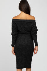 Black Brushed Knit Off Shoulder Dress