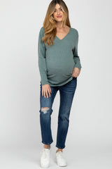 Light Olive Heathered Long Sleeve V Neck Maternity Top