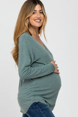 Light Olive Heathered Long Sleeve V Neck Maternity Top