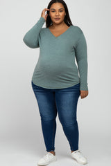 Light Olive Heathered Long Sleeve V Neck Maternity Plus Top