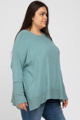 Teal Soft Brushed Knit Dolman Sleeve Side Slit Plus Top