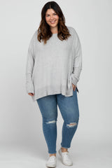 Heather Grey Soft Brushed Knit Dolman Sleeve Side Slit Plus Top