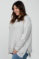 Heather Grey Soft Brushed Knit Dolman Sleeve Side Slit Plus Top