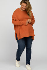 Orange Soft Brushed Knit Dolman Sleeve Side Slit Maternity Plus Top