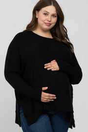 Black Soft Brushed Knit Dolman Sleeve Side Slit Maternity Plus Top