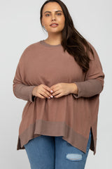 Mocha Soft Brushed Knit Dolman Sleeve Side Slit Plus Top