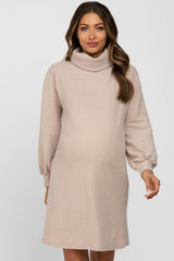 Beige Brushed Rib Turtleneck Maternity Dress