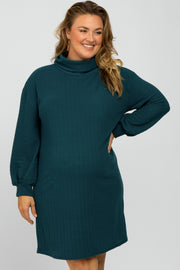 Dark Teal Brushed Rib Turtleneck Maternity Plus Dress