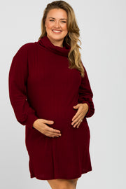 Burgundy Brushed Rib Turtleneck Maternity Plus Dress