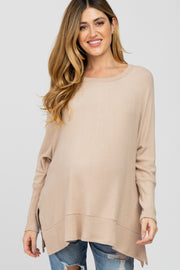 Beige Soft Brushed Knit Dolman Sleeve Side Slit Maternity Top