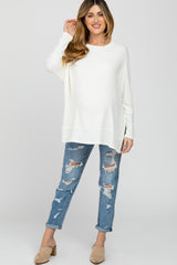 White Soft Brushed Knit Dolman Sleeve Side Slit Maternity Top