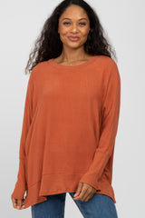 Orange Soft Brushed Knit Dolman Sleeve Side Slit Maternity Top