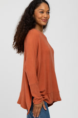 Orange Soft Brushed Knit Dolman Sleeve Side Slit Top