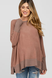 Mocha Soft Brushed Knit Dolman Sleeve Side Slit Maternity Top