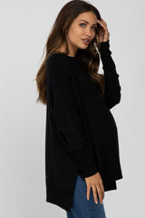 Black Soft Brushed Knit Dolman Sleeve Side Slit Maternity Top