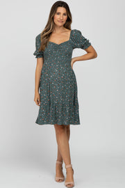 Teal Floral Puff Sleeve Maternity Dress