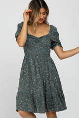 Teal Floral Puff Sleeve Dress