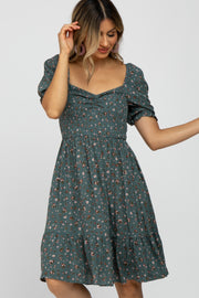 Teal Floral Puff Sleeve Dress