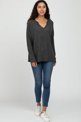 Charcoal Ribbed Split Neck Knit Top