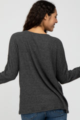 Charcoal Ribbed Split Neck Knit Top