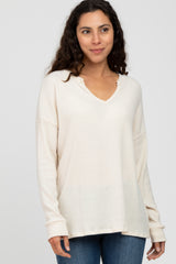 Cream Ribbed Split Neck Knit Top