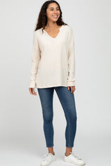 Cream Ribbed Split Neck Knit Top