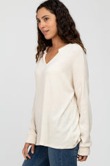 Cream Ribbed Split Neck Knit Top