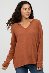 Rust Ribbed Split Neck Knit Top