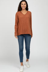 Rust Ribbed Split Neck Knit Top