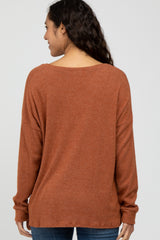 Rust Ribbed Split Neck Knit Top