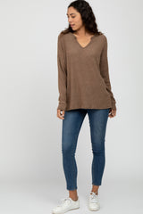 Mocha Ribbed Split Neck Maternity Knit Top