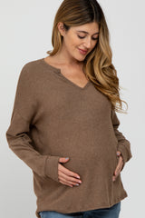 Mocha Ribbed Split Neck Maternity Knit Top