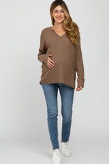 Mocha Ribbed Split Neck Maternity Knit Top