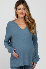 Blue Ribbed Split Neck Maternity Knit Top