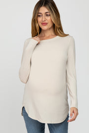 Beige Basic Long Sleeve Maternity Top