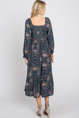 Navy Floral Smocked Midi Dress