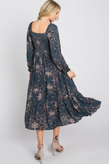 Navy Floral Smocked Midi Dress