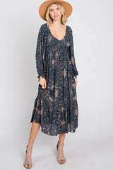 Navy Floral Smocked Midi Dress