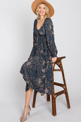 Navy Floral Smocked Midi Dress