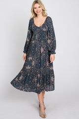 Navy Floral Smocked Midi Dress