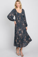 Navy Floral Smocked Midi Dress